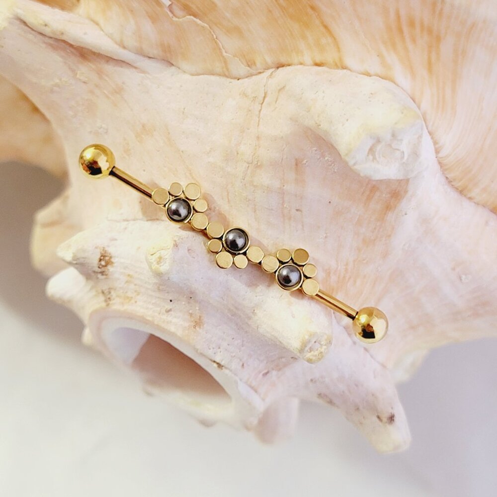 Gold plated industrial barbell w faux black pearl bead inserts NWT